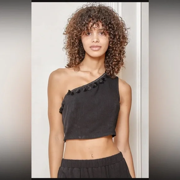 Linen Blend One Shoulder Tassel Crop Top & Wide-Leg Pants Set - Like New - Picture 4 of 17